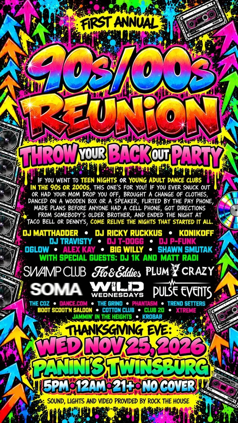 Official event flyer for the 90s/00s Reunion Throw Your Back Out Party